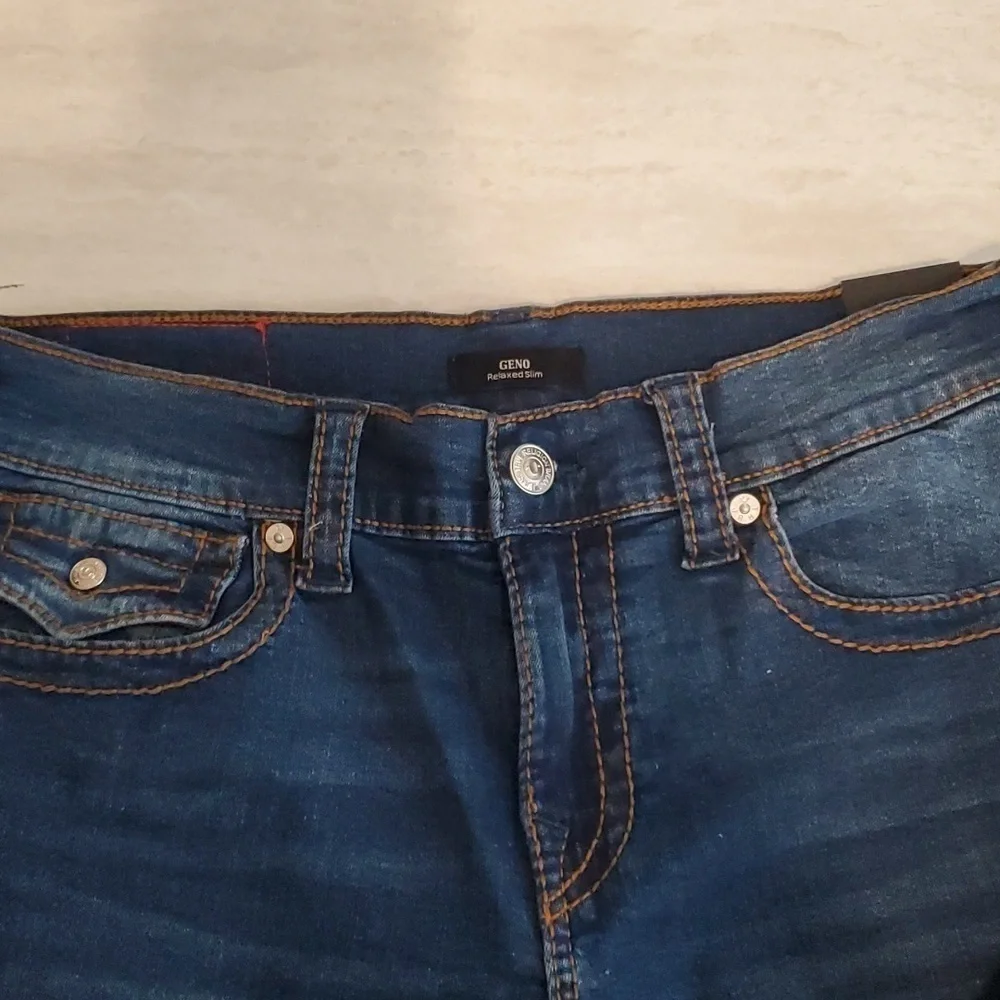 True Religion Geno Jeans 32x32 Relaxed Slim Dark Roper Wash Big‎ T Flap pocket